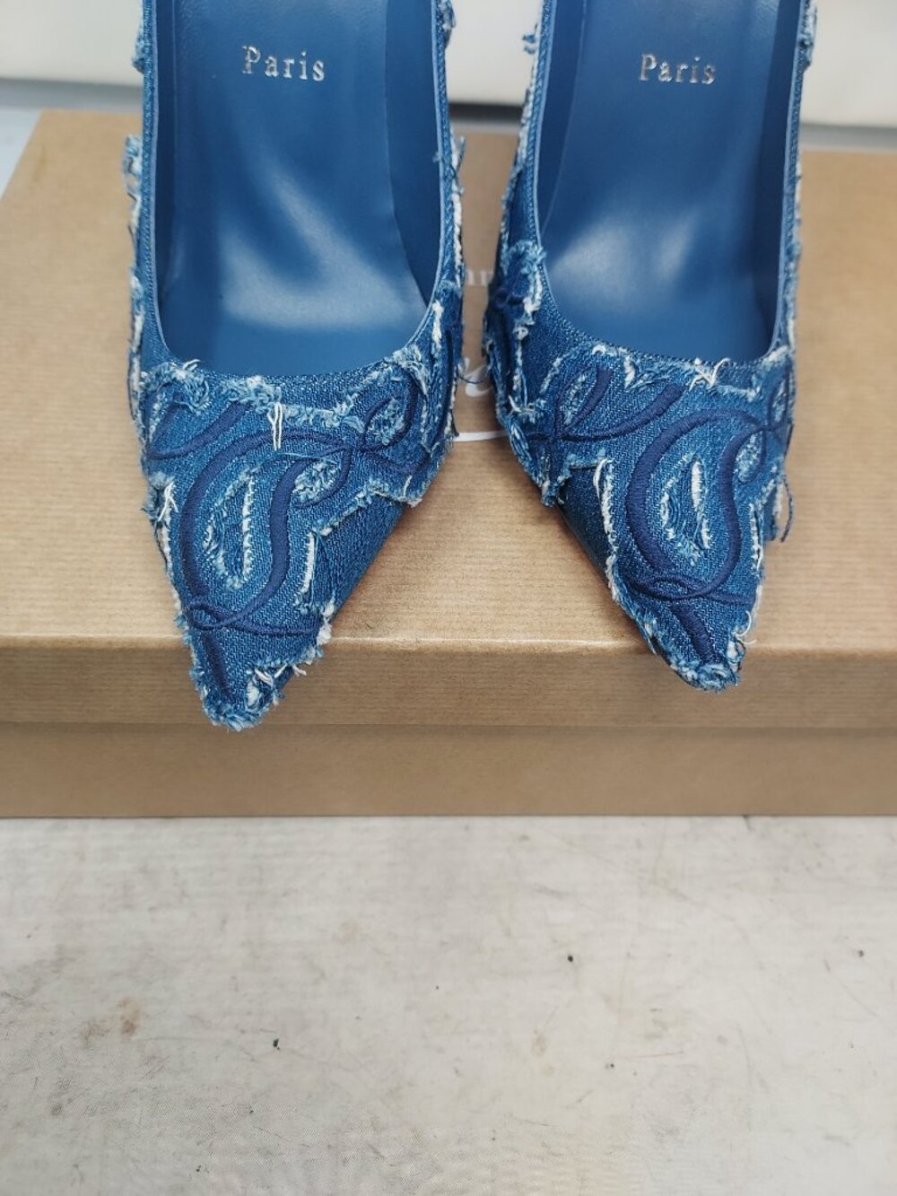 Christian Louboutin Blue Kate Toile Denim Brode Heel Shoe - Picture 9 of 11